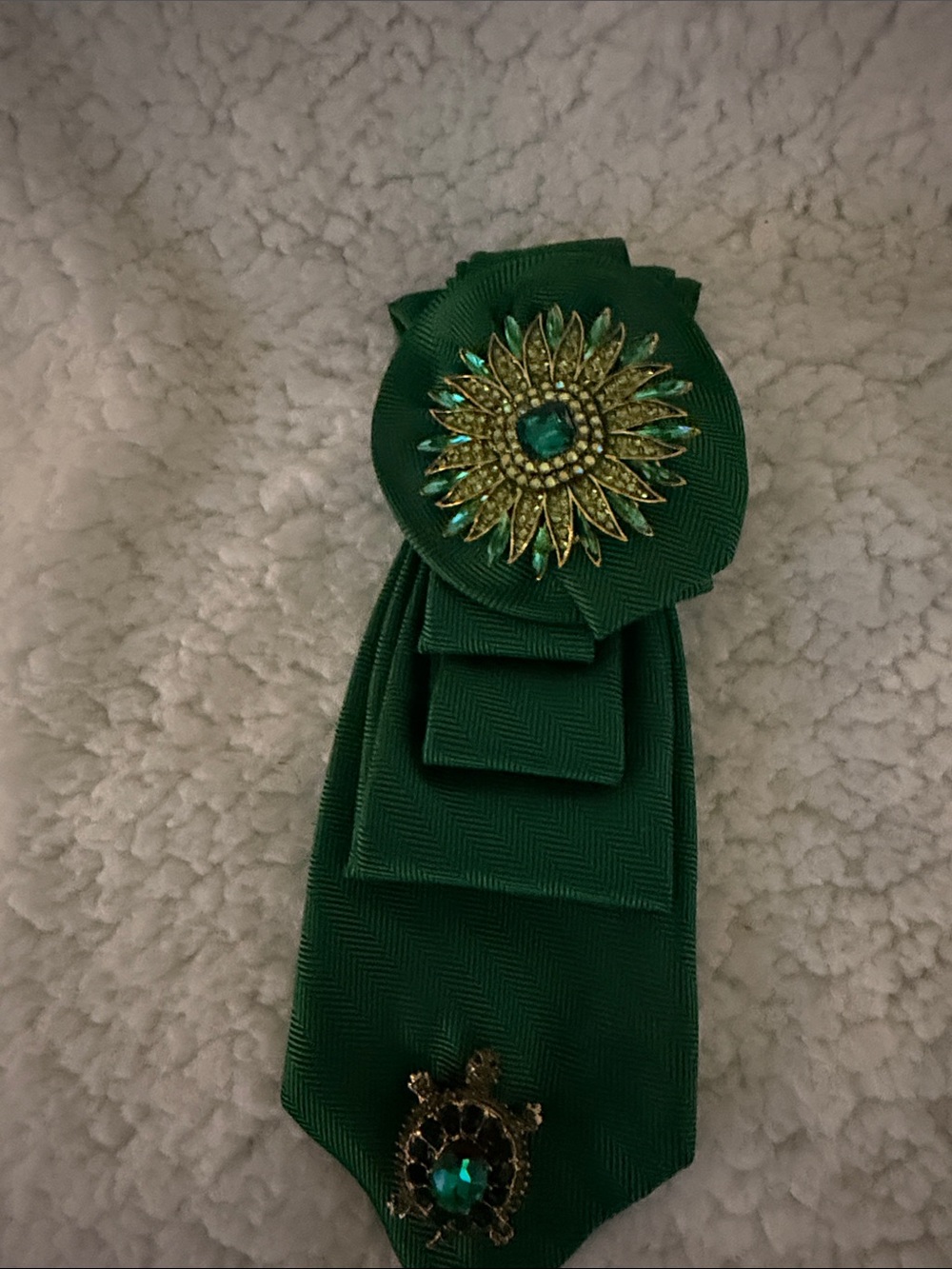 Green Ribbon Brooch Necklace with Gold and Emerald Accents - Women Jewelry